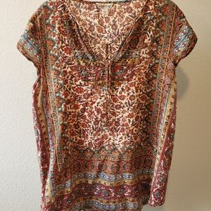 Lucky Brand Boho Print Beaded Tie Front Tee Top